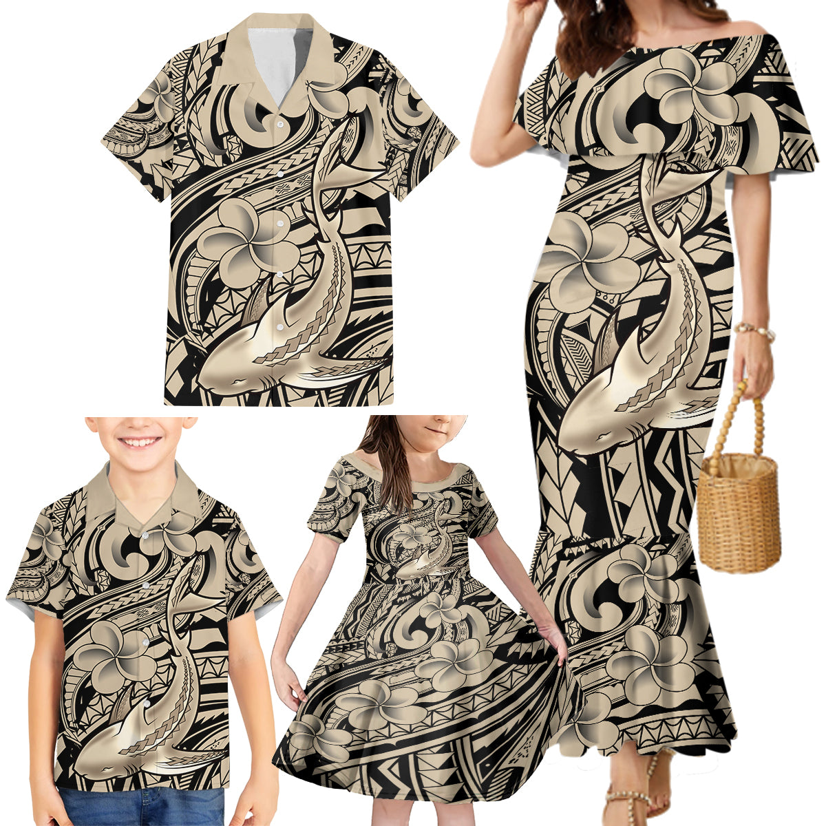 Polynesian Shark Tribal Tattoo Family Matching Mermaid Dress and Hawaiian Shirt Beige Style LT9 - Polynesian Pride