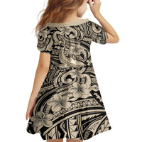 Polynesian Shark Tribal Tattoo Family Matching Off The Shoulder Long Sleeve Dress and Hawaiian Shirt Beige Style