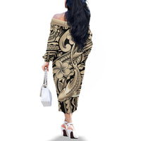 Polynesian Shark Tribal Tattoo Family Matching Off The Shoulder Long Sleeve Dress and Hawaiian Shirt Beige Style
