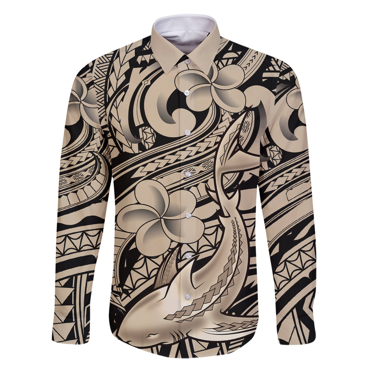 Polynesian Shark Tribal Tattoo Family Matching Off Shoulder Maxi Dress and Hawaiian Shirt Beige Style