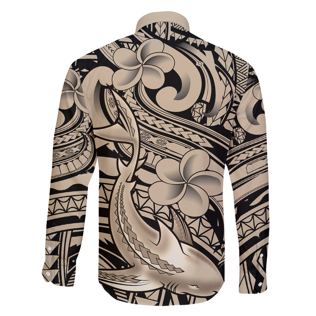 Polynesian Shark Tribal Tattoo Family Matching Off Shoulder Maxi Dress and Hawaiian Shirt Beige Style
