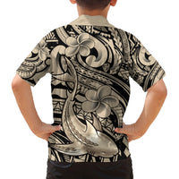 Polynesian Shark Tribal Tattoo Family Matching Off Shoulder Short Dress and Hawaiian Shirt Beige Style