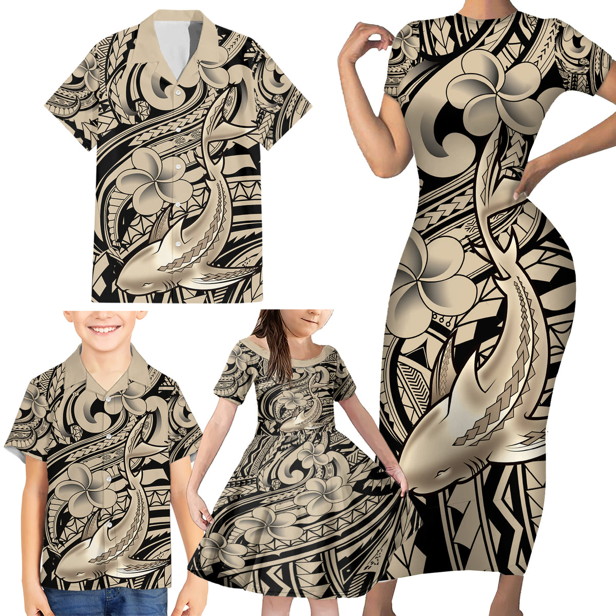 Polynesian Shark Tribal Tattoo Family Matching Short Sleeve Bodycon Dress and Hawaiian Shirt Beige Style LT9 - Polynesian Pride