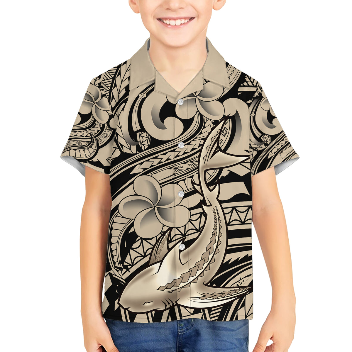 Polynesian Shark Tribal Tattoo Family Matching Short Sleeve Bodycon Dress and Hawaiian Shirt Beige Style LT9 Son's Shirt Beige - Polynesian Pride