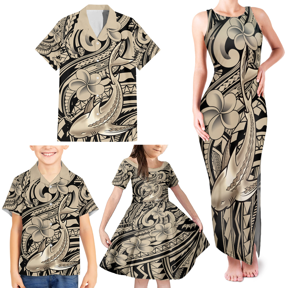 Polynesian Shark Tribal Tattoo Family Matching Tank Maxi Dress and Hawaiian Shirt Beige Style LT9 - Polynesian Pride