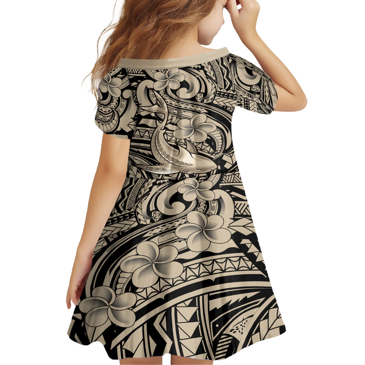 Polynesian Shark Tribal Tattoo Kid Short Sleeve Dress Beige Style