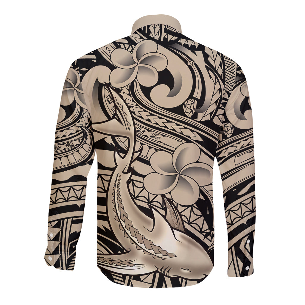 Polynesian Shark Tribal Tattoo Long Sleeve Button Shirt Beige Style