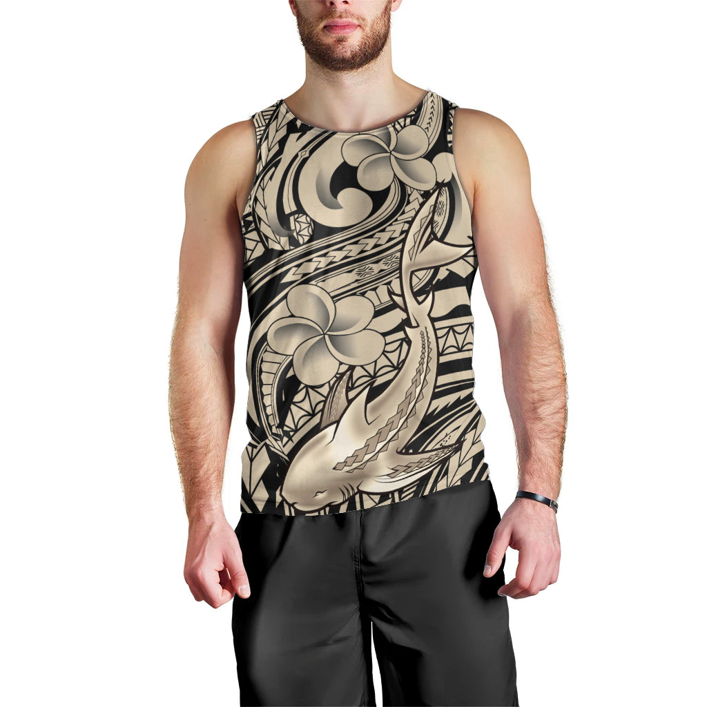 Polynesian Shark Tribal Tattoo Men Tank Top Beige Style