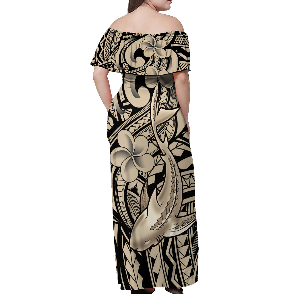 Polynesian Shark Tribal Tattoo Off Shoulder Maxi Dress Beige Style