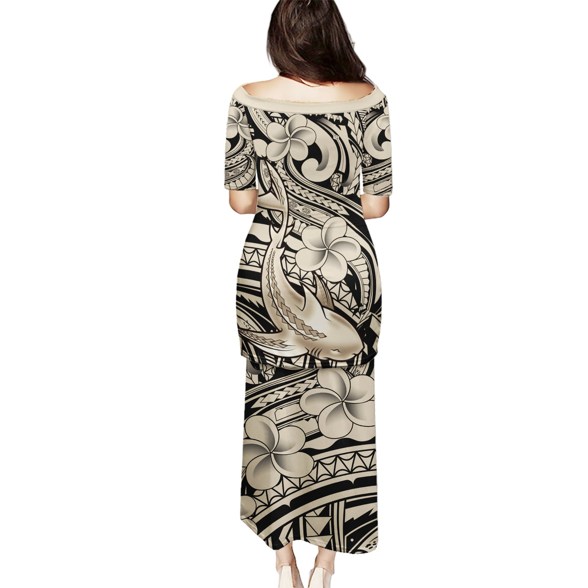 Polynesian Shark Tribal Tattoo Puletasi Beige Style