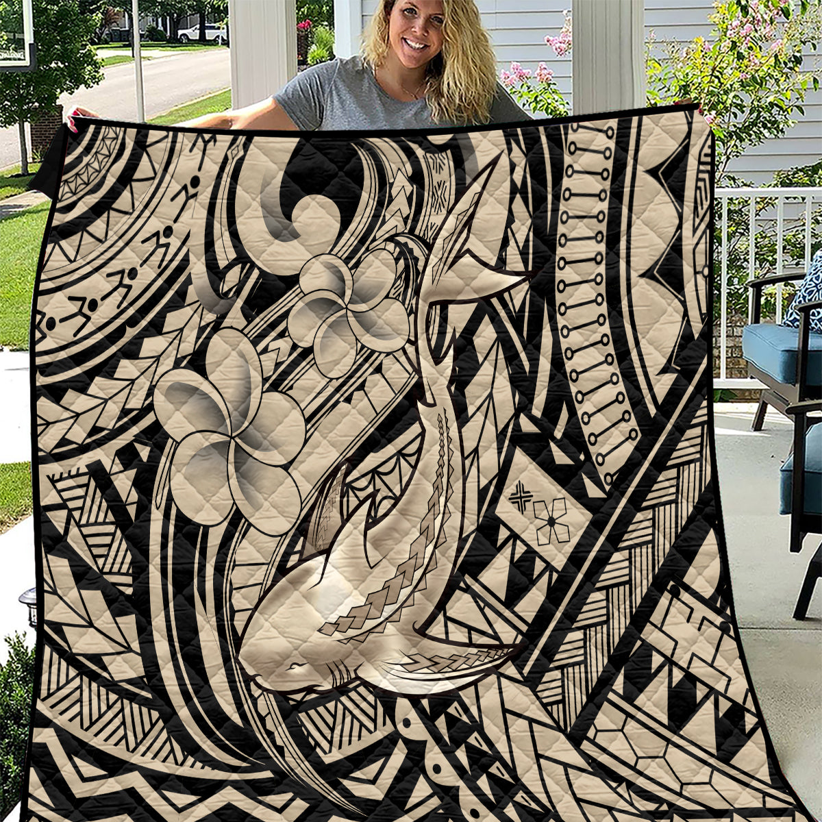Polynesian Shark Tribal Tattoo Quilt Beige Style LT9 Beige - Polynesian Pride