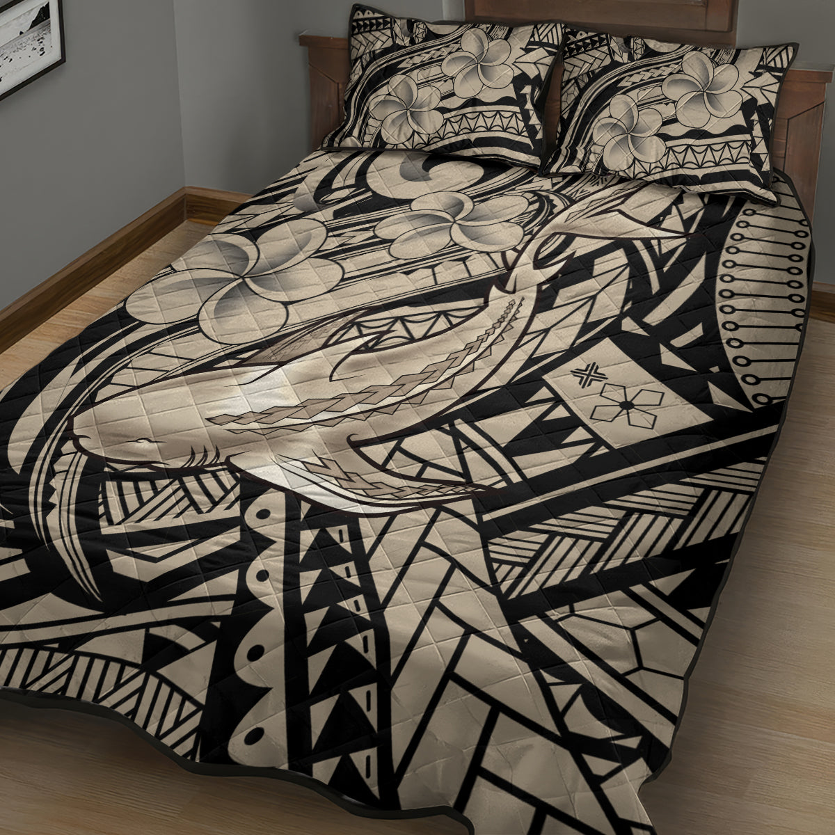 Polynesian Shark Tribal Tattoo Quilt Bed Set Beige Style