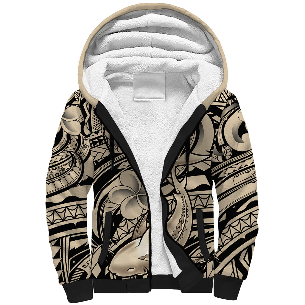 Polynesian Shark Tribal Tattoo Sherpa Hoodie Beige Style