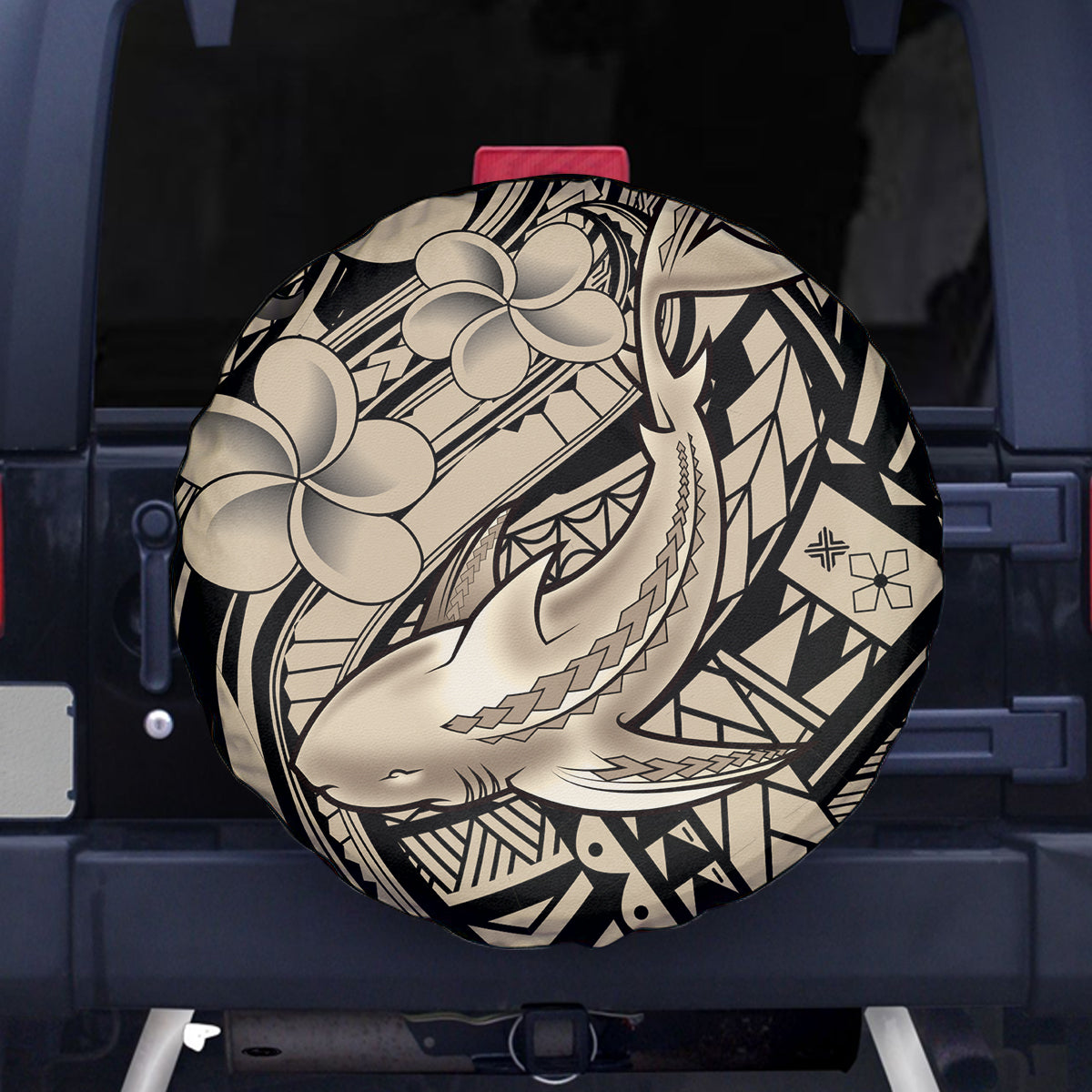 Polynesian Shark Tribal Tattoo Spare Tire Cover Beige Style