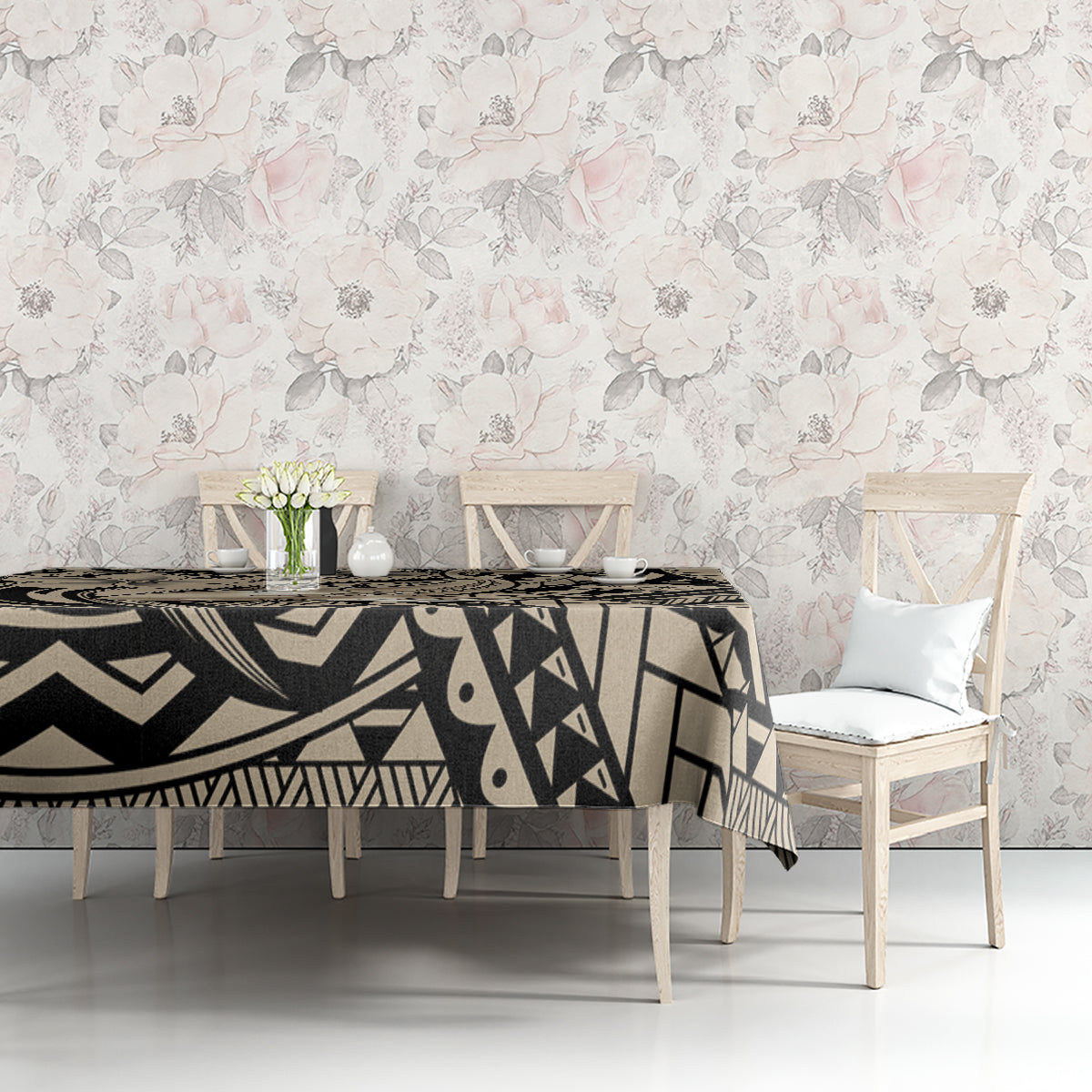 Polynesian Shark Tribal Tattoo Tablecloth Beige Style