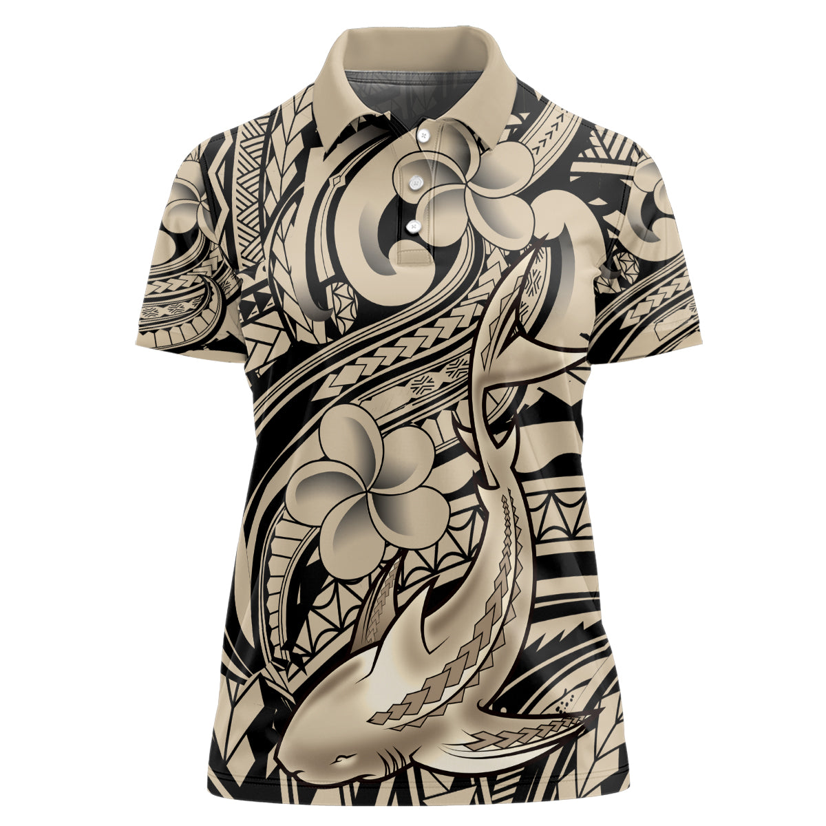 Polynesian Shark Tribal Tattoo Women Polo Shirt Beige Style