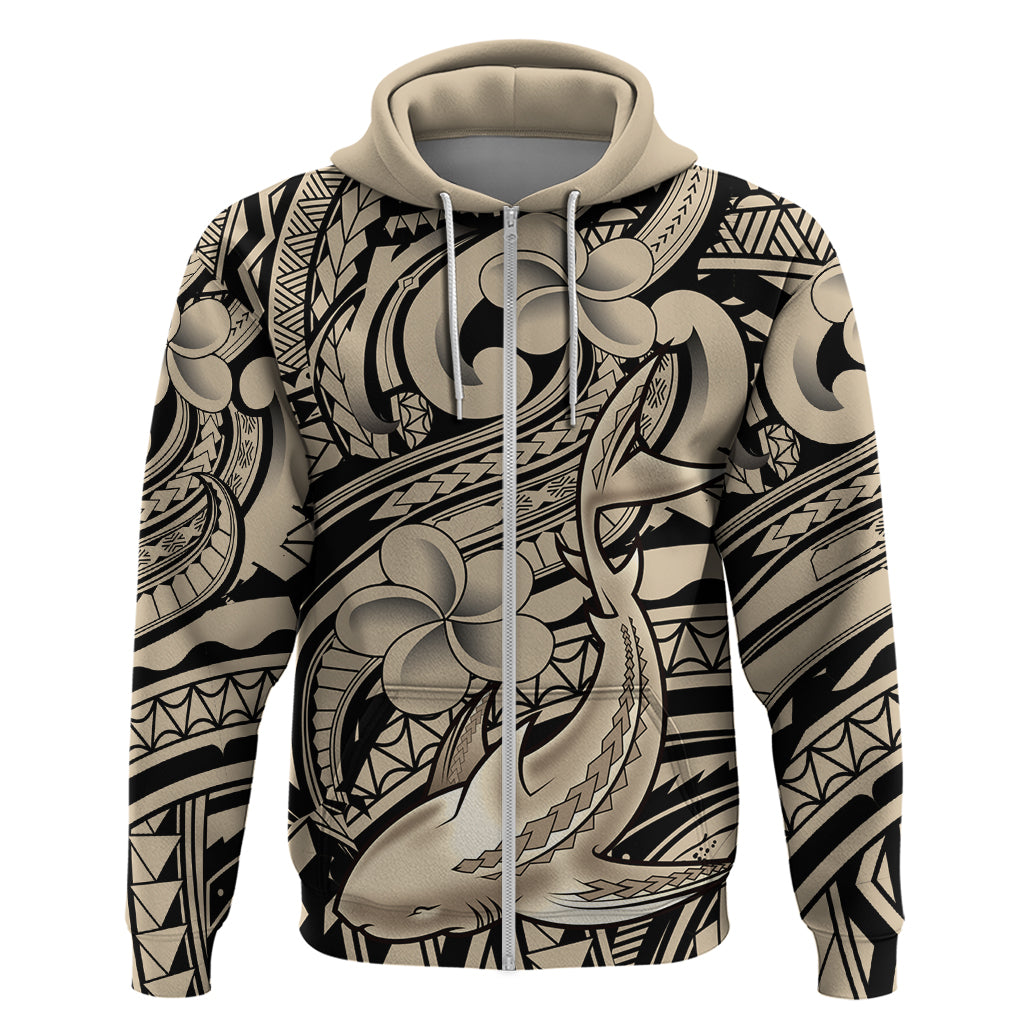 Polynesian Shark Tribal Tattoo Zip Hoodie Beige Style