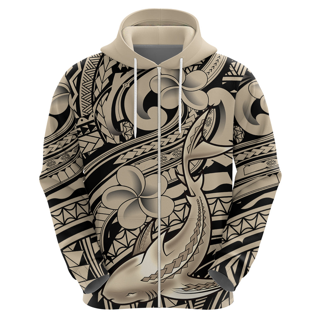 Polynesian Shark Tribal Tattoo Zip Hoodie Beige Style