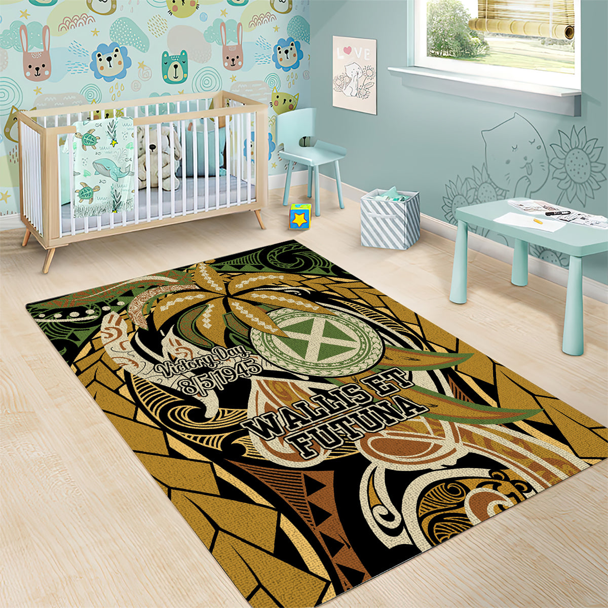 Wallis and Futuna Victory Day Area Rug Since 1945 with Polynesian Platinum Floral Tribal