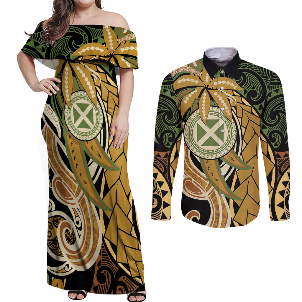 Wallis and Futuna Victory Day Couples Matching Off Shoulder Maxi Dress and Long Sleeve Button Shirt Since 1945 with Polynesian Platinum Floral Tribal LT9 Red - Polynesian Pride