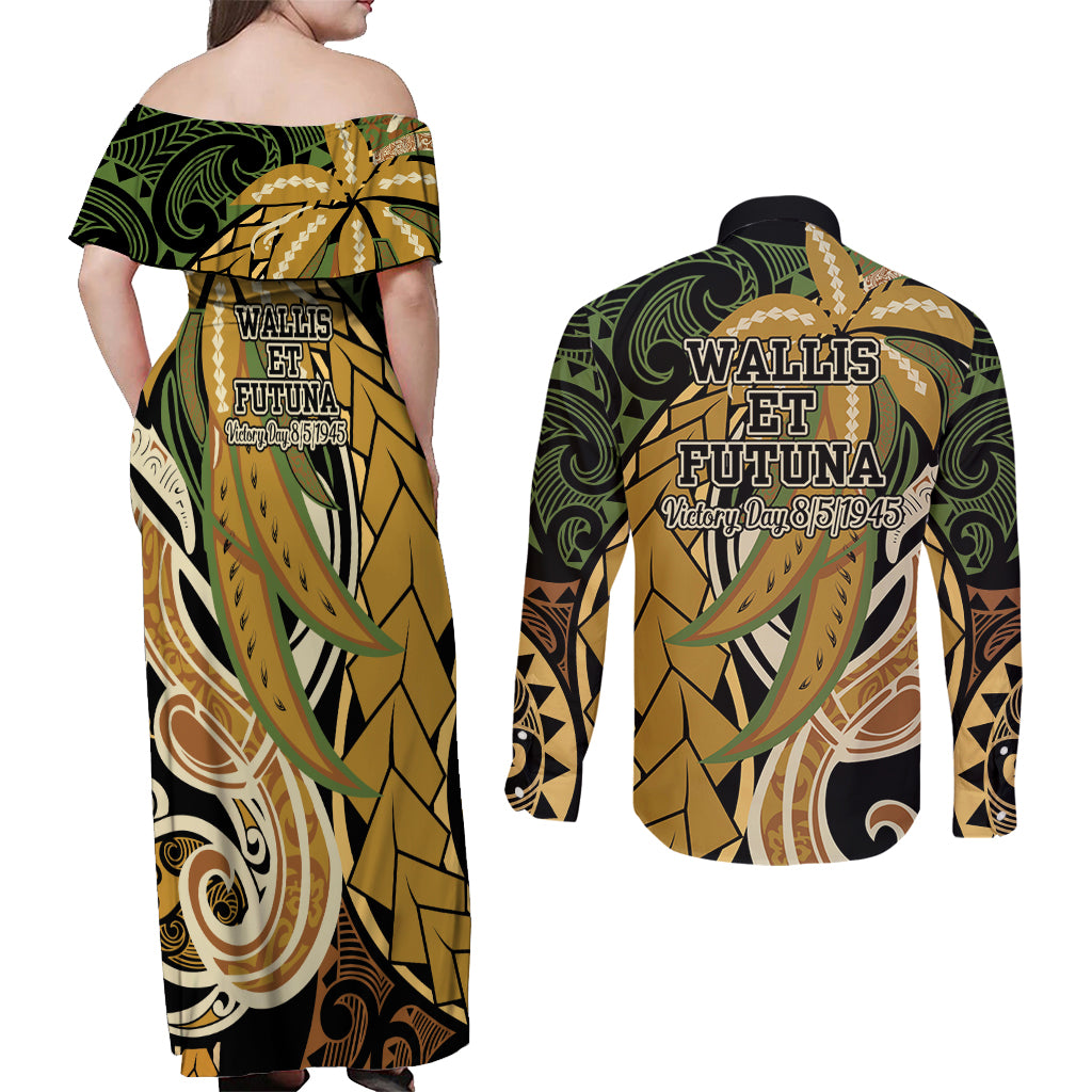 Wallis and Futuna Victory Day Couples Matching Off Shoulder Maxi Dress and Long Sleeve Button Shirt Since 1945 with Polynesian Platinum Floral Tribal LT9 - Polynesian Pride