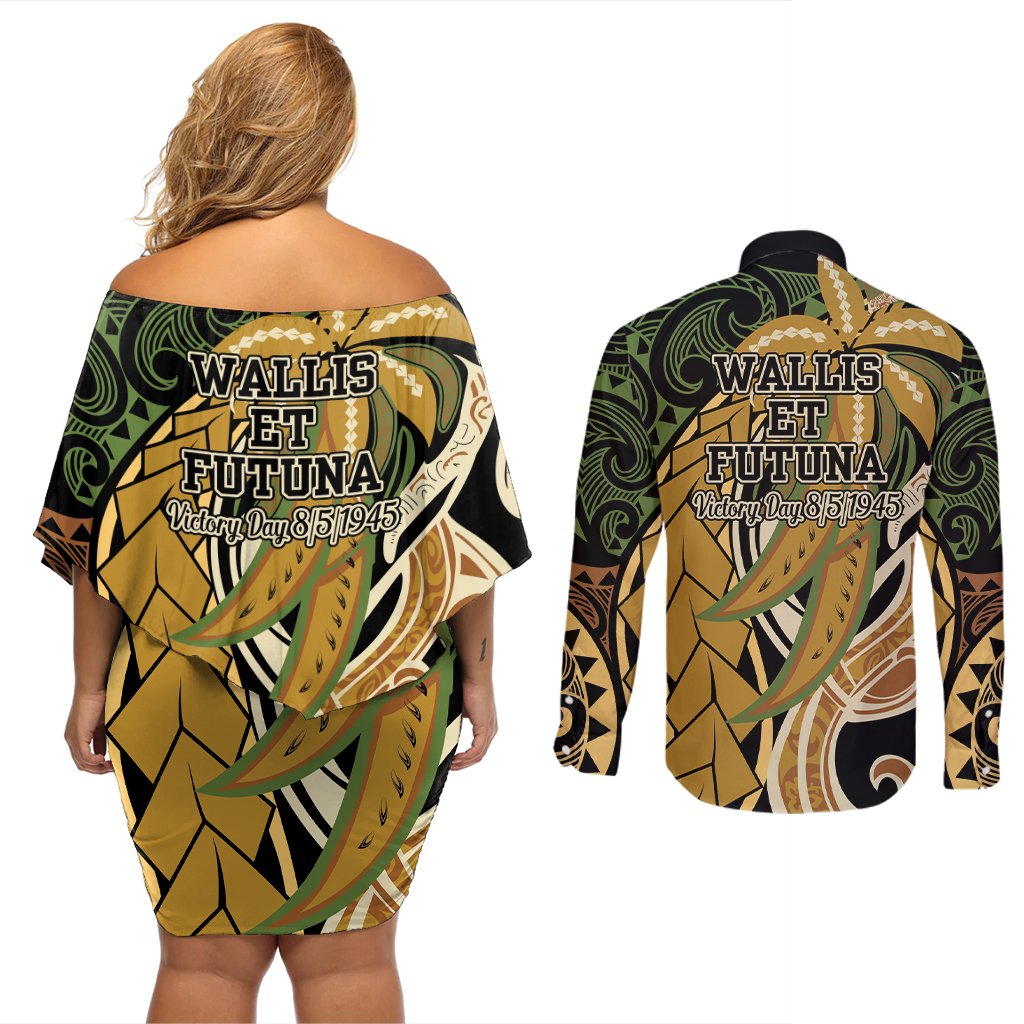 Wallis and Futuna Victory Day Couples Matching Off Shoulder Short Dress and Long Sleeve Button Shirt Since 1945 with Polynesian Platinum Floral Tribal LT9 - Polynesian Pride