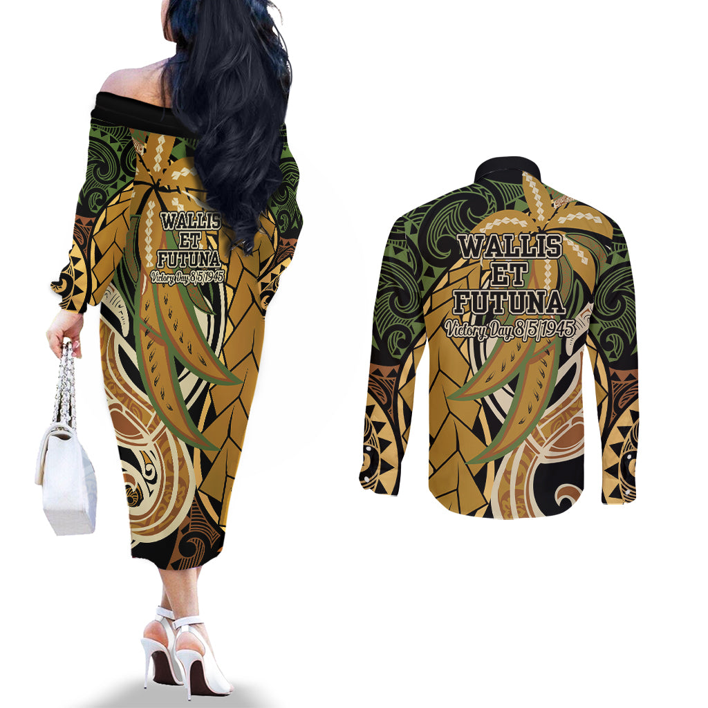 Wallis and Futuna Victory Day Couples Matching Off The Shoulder Long Sleeve Dress and Long Sleeve Button Shirt Since 1945 with Polynesian Platinum Floral Tribal