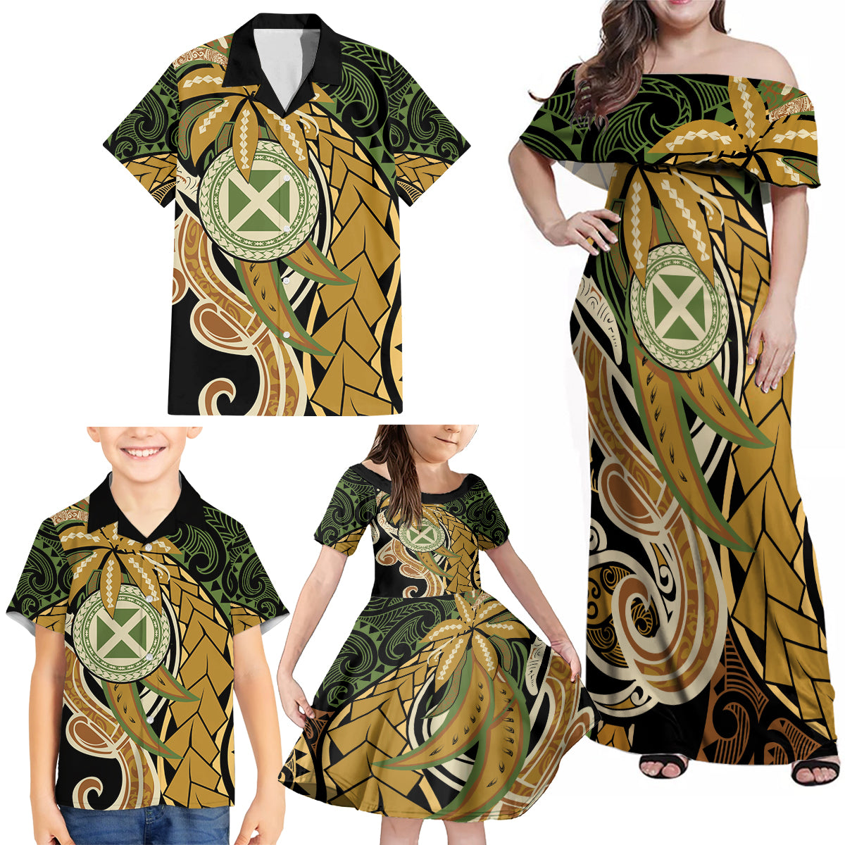 Wallis and Futuna Victory Day Family Matching Off Shoulder Maxi Dress and Hawaiian Shirt Since 1945 with Polynesian Platinum Floral Tribal LT9 - Polynesian Pride