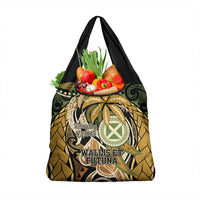 Wallis and Futuna Victory Day Grocery Bag Since 1945 with Polynesian Platinum Floral Tribal