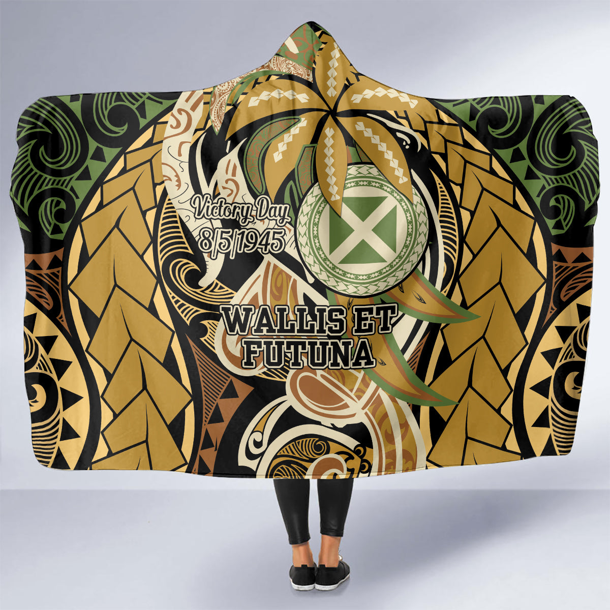 Wallis and Futuna Victory Day Hooded Blanket Since 1945 with Polynesian Platinum Floral Tribal LT9 - Polynesian Pride