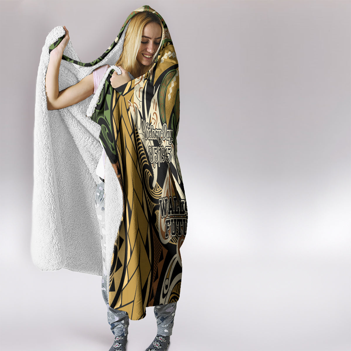 Wallis and Futuna Victory Day Hooded Blanket Since 1945 with Polynesian Platinum Floral Tribal LT9 - Polynesian Pride