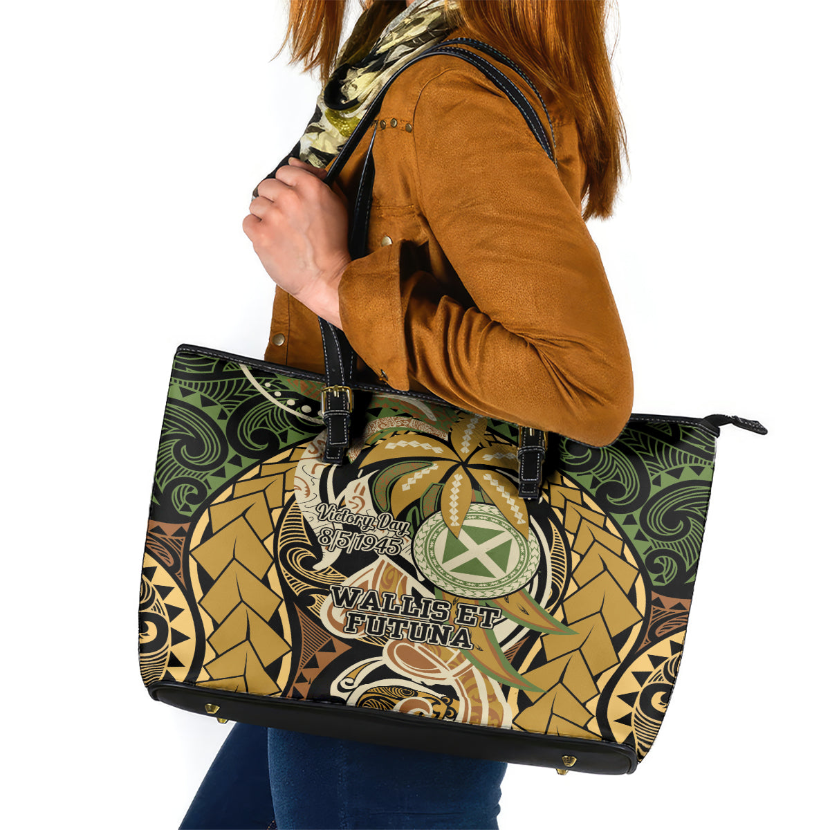 Wallis and Futuna Victory Day Leather Tote Bag Since 1945 with Polynesian Platinum Floral Tribal LT9 Red - Polynesian Pride