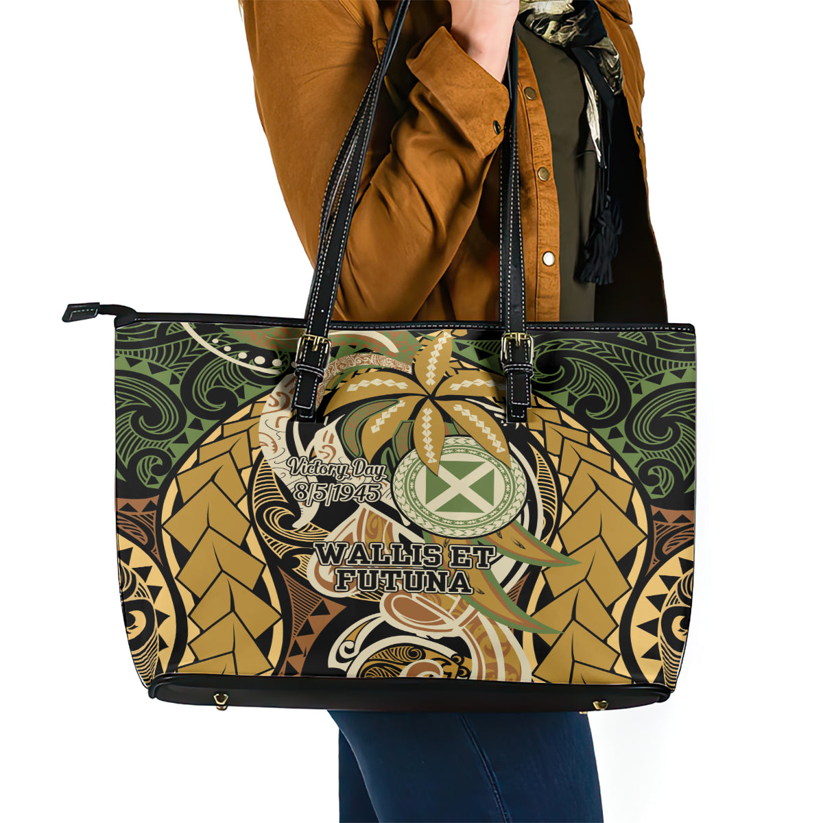 Wallis and Futuna Victory Day Leather Tote Bag Since 1945 with Polynesian Platinum Floral Tribal LT9 - Polynesian Pride
