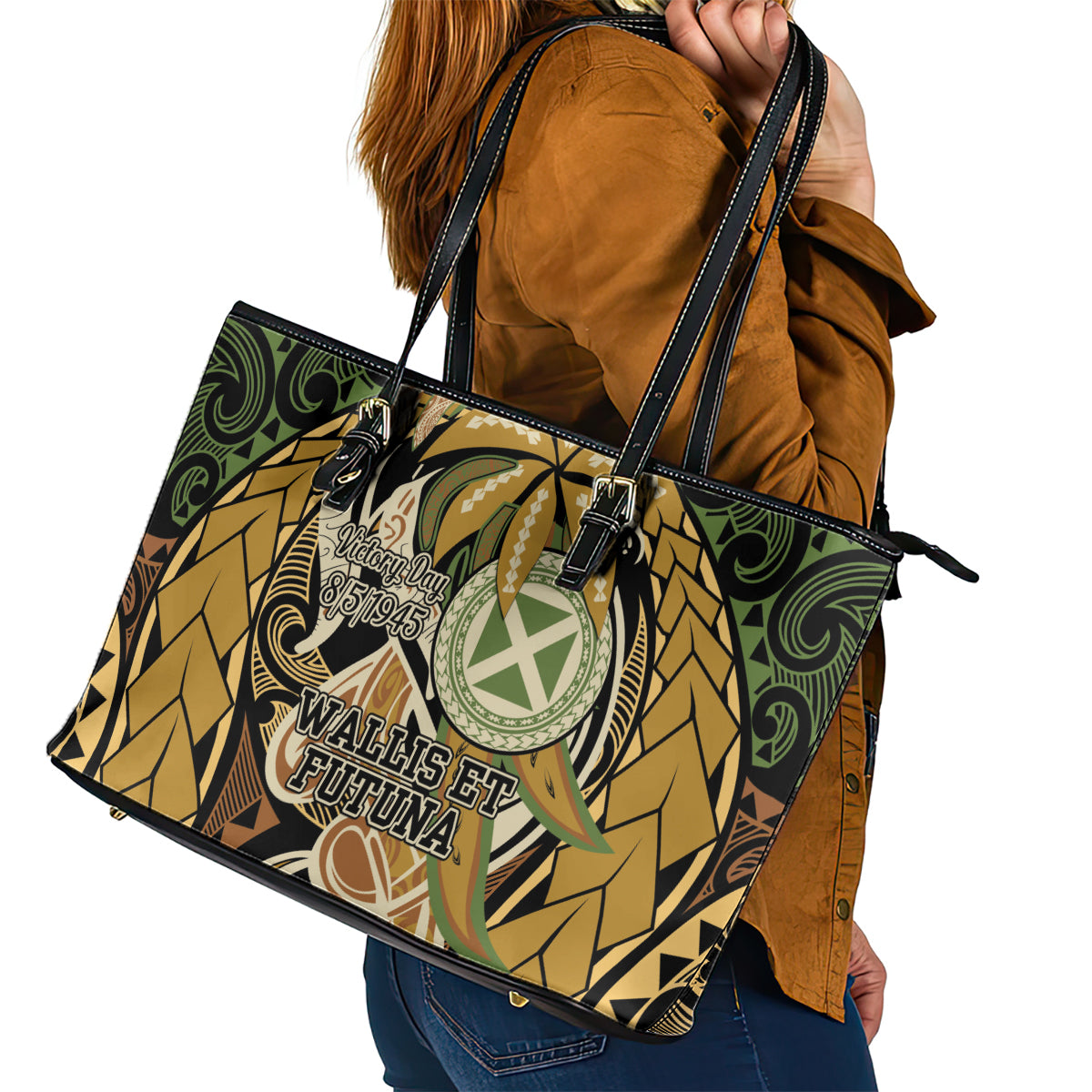Wallis and Futuna Victory Day Leather Tote Bag Since 1945 with Polynesian Platinum Floral Tribal LT9 - Polynesian Pride
