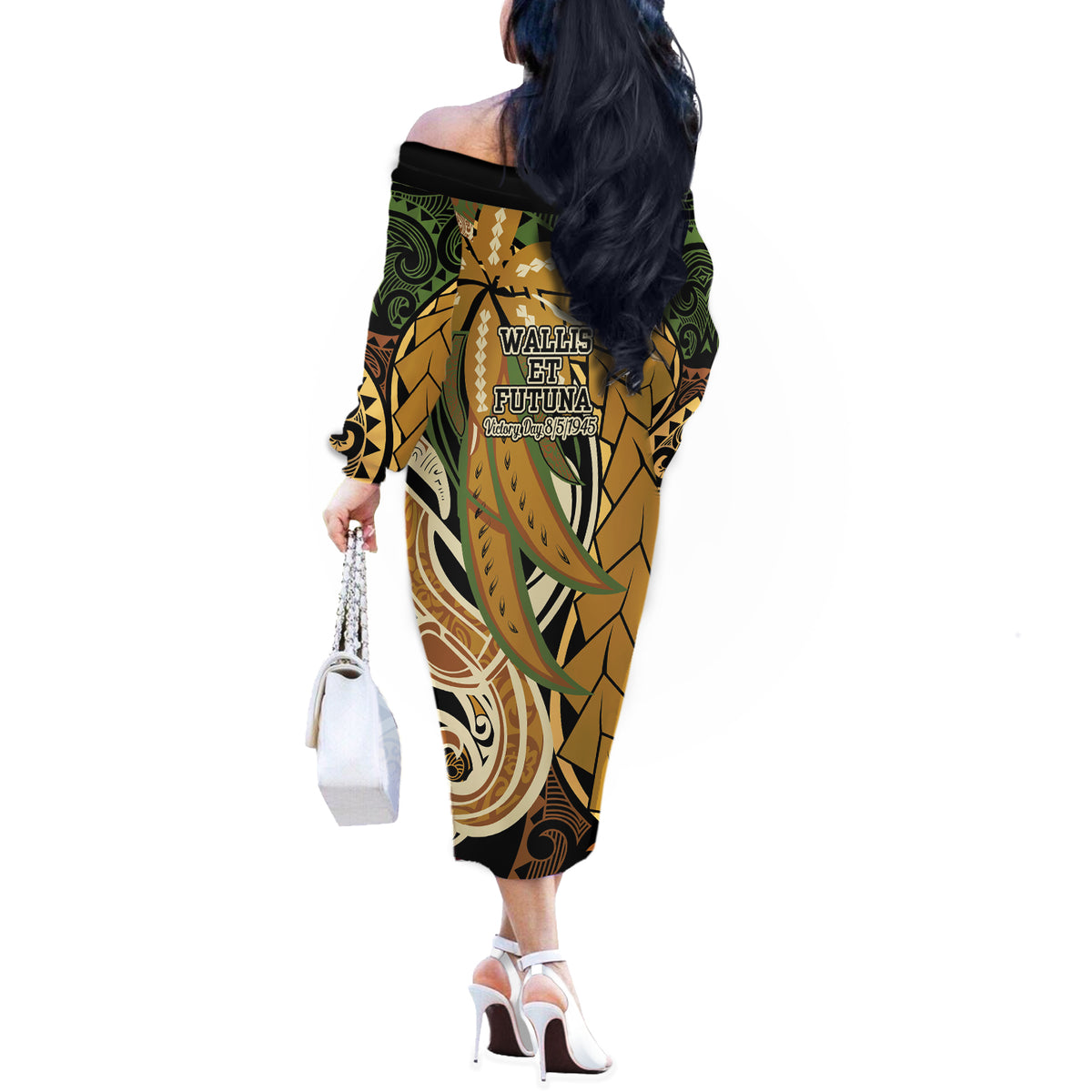 Wallis and Futuna Victory Day Off The Shoulder Long Sleeve Dress Since 1945 with Polynesian Platinum Floral Tribal LT9 - Polynesian Pride