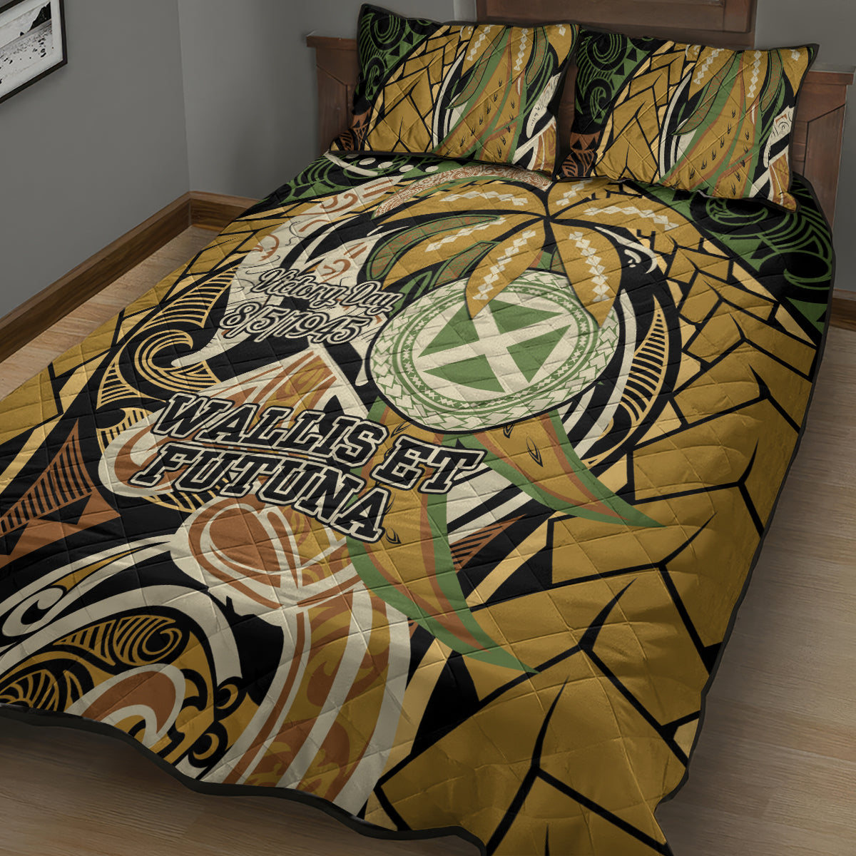Wallis and Futuna Victory Day Quilt Bed Set Since 1945 with Polynesian Platinum Floral Tribal