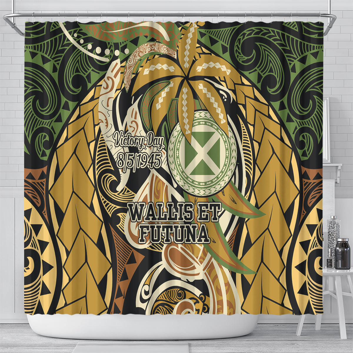 Wallis and Futuna Victory Day Shower Curtain Since 1945 with Polynesian Platinum Floral Tribal