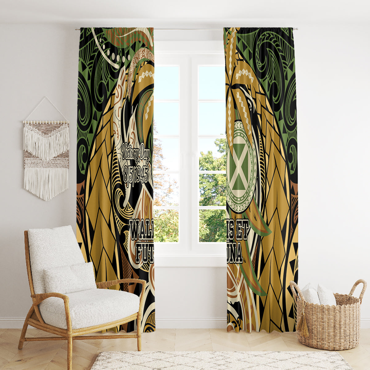 Wallis and Futuna Victory Day Window Curtain Since 1945 with Polynesian Platinum Floral Tribal