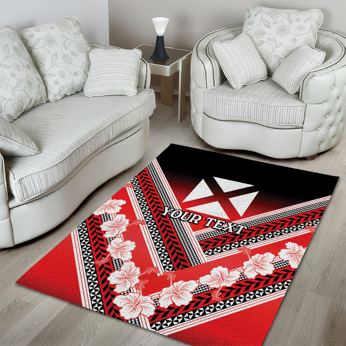 Personalised Wallis et Futuna Area Rug Hibiscus and Polynesian Tribal Tattoos