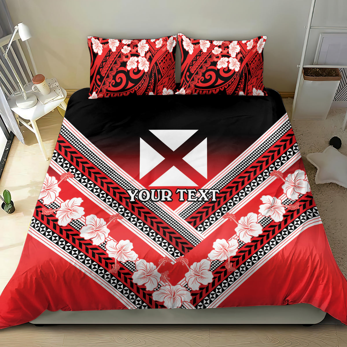 Personalised Wallis et Futuna Bedding Set Hibiscus and Polynesian Tribal Tattoos