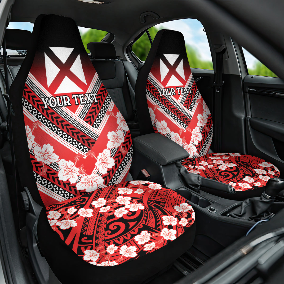 Personalised Wallis et Futuna Car Seat Cover Hibiscus and Polynesian Tribal Tattoos