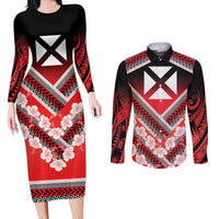 Personalised Wallis et Futuna Couples Matching Long Sleeve Bodycon Dress and Long Sleeve Button Shirt Hibiscus and Polynesian Tribal Tattoos