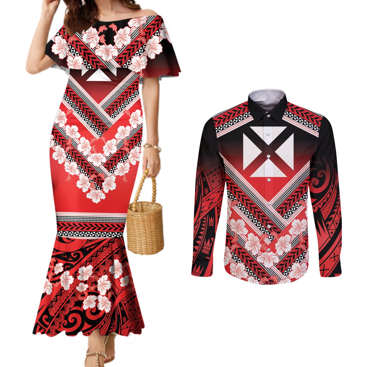 Personalised Wallis et Futuna Couples Matching Mermaid Dress and Long Sleeve Button Shirt Hibiscus and Polynesian Tribal Tattoos