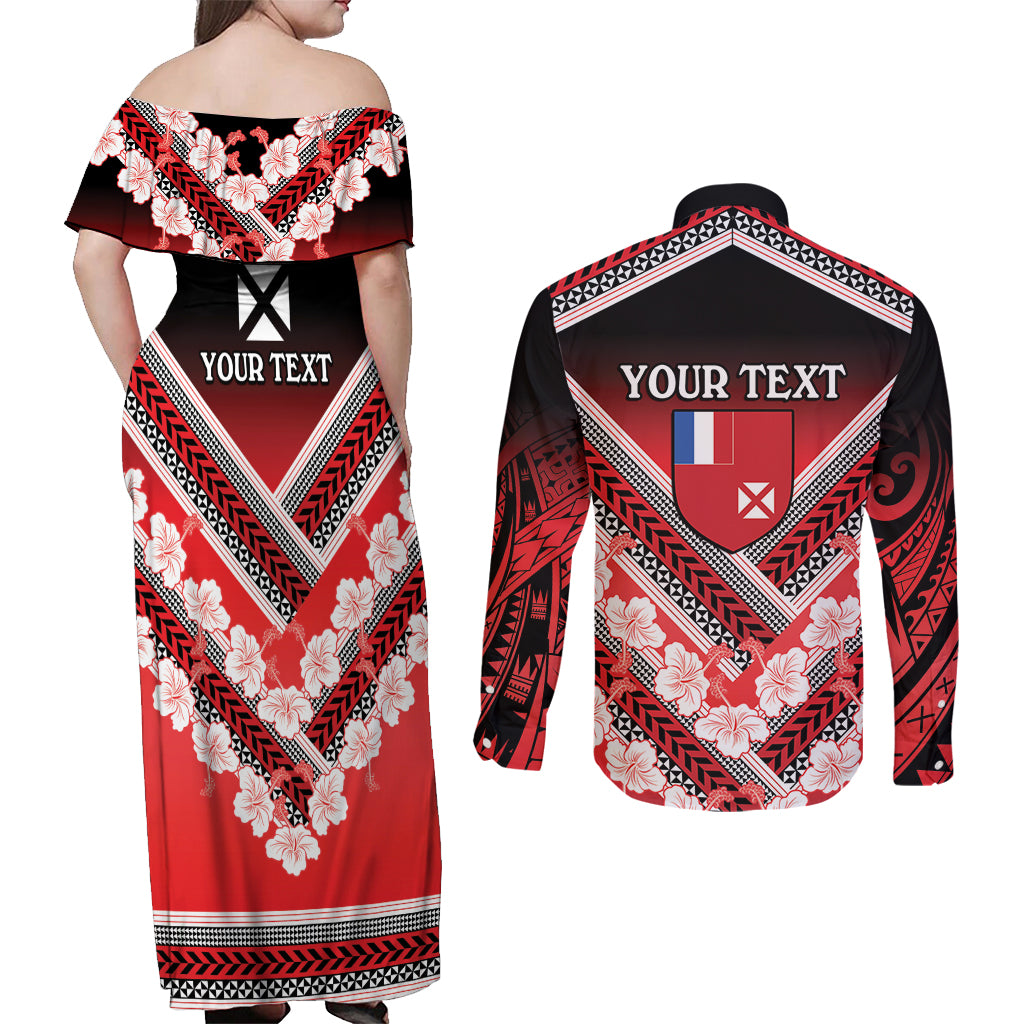 Personalised Wallis et Futuna Couples Matching Off Shoulder Maxi Dress and Long Sleeve Button Shirt Hibiscus and Polynesian Tribal Tattoos LT9 - Polynesian Pride