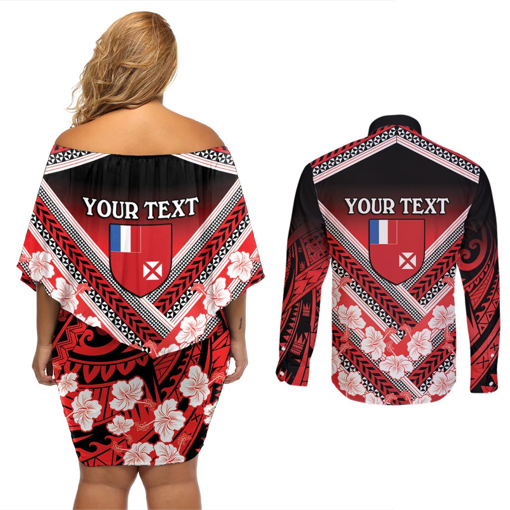Personalised Wallis et Futuna Couples Matching Off Shoulder Short Dress and Long Sleeve Button Shirt Hibiscus and Polynesian Tribal Tattoos LT9 - Polynesian Pride