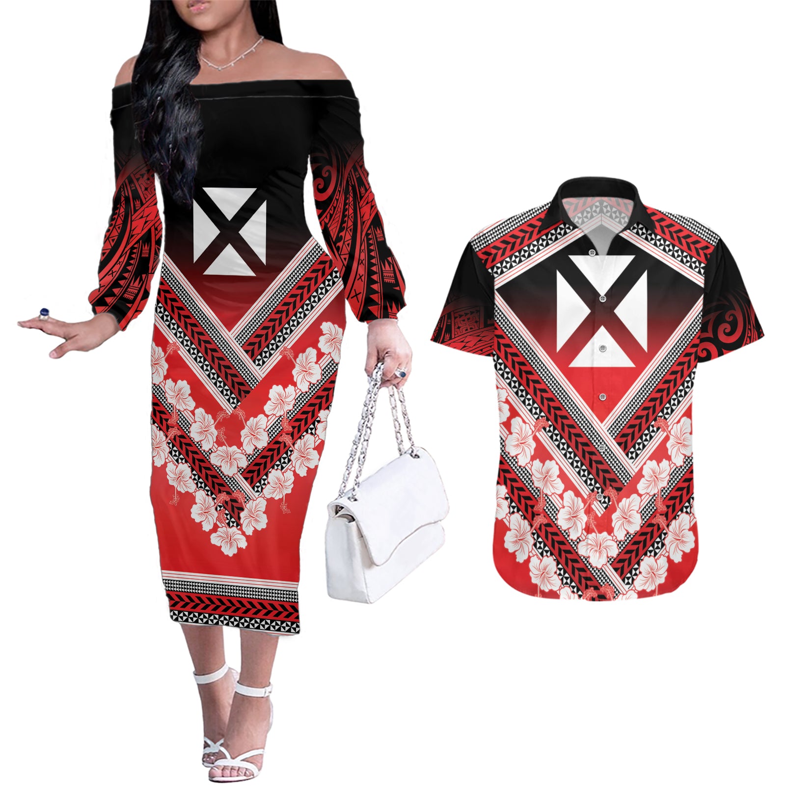 Personalised Wallis et Futuna Couples Matching Off The Shoulder Long Sleeve Dress and Hawaiian Shirt Hibiscus and Polynesian Tribal Tattoos