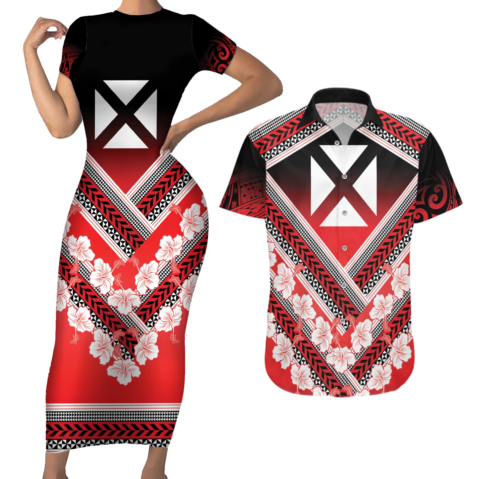 Personalised Wallis et Futuna Couples Matching Short Sleeve Bodycon Dress and Hawaiian Shirt Hibiscus and Polynesian Tribal Tattoos