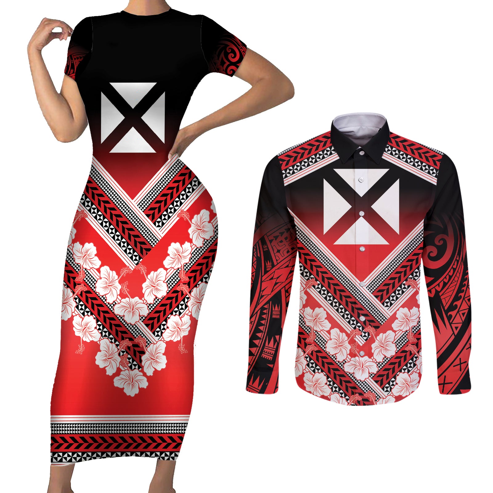 Personalised Wallis et Futuna Couples Matching Short Sleeve Bodycon Dress and Long Sleeve Button Shirt Hibiscus and Polynesian Tribal Tattoos