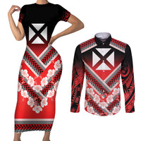 Personalised Wallis et Futuna Couples Matching Short Sleeve Bodycon Dress and Long Sleeve Button Shirt Hibiscus and Polynesian Tribal Tattoos