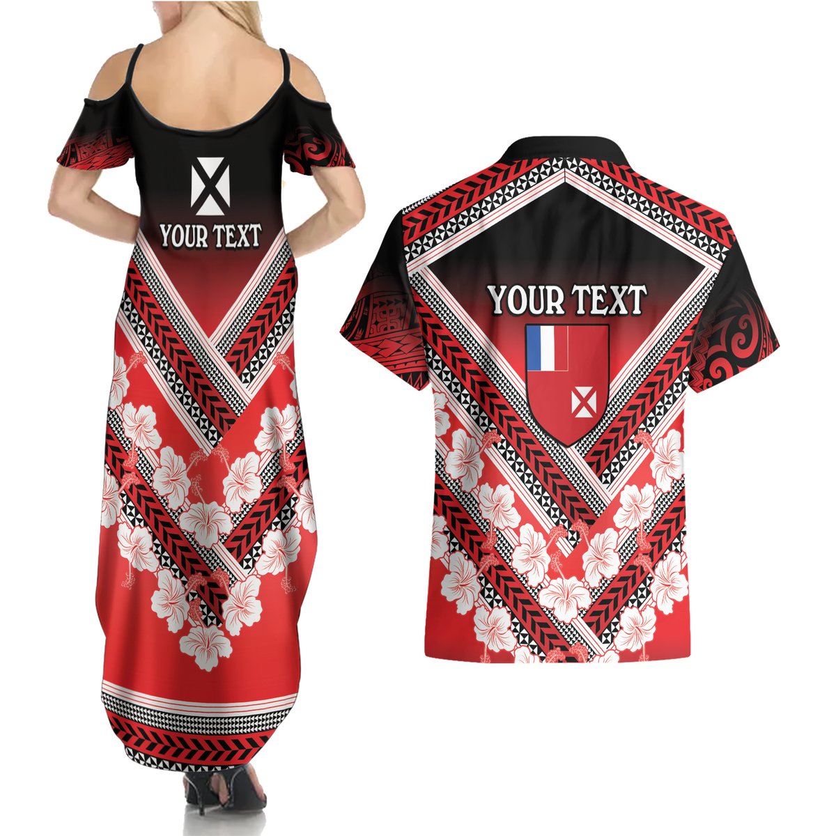Personalised Wallis et Futuna Couples Matching Summer Maxi Dress and Hawaiian Shirt Hibiscus and Polynesian Tribal Tattoos